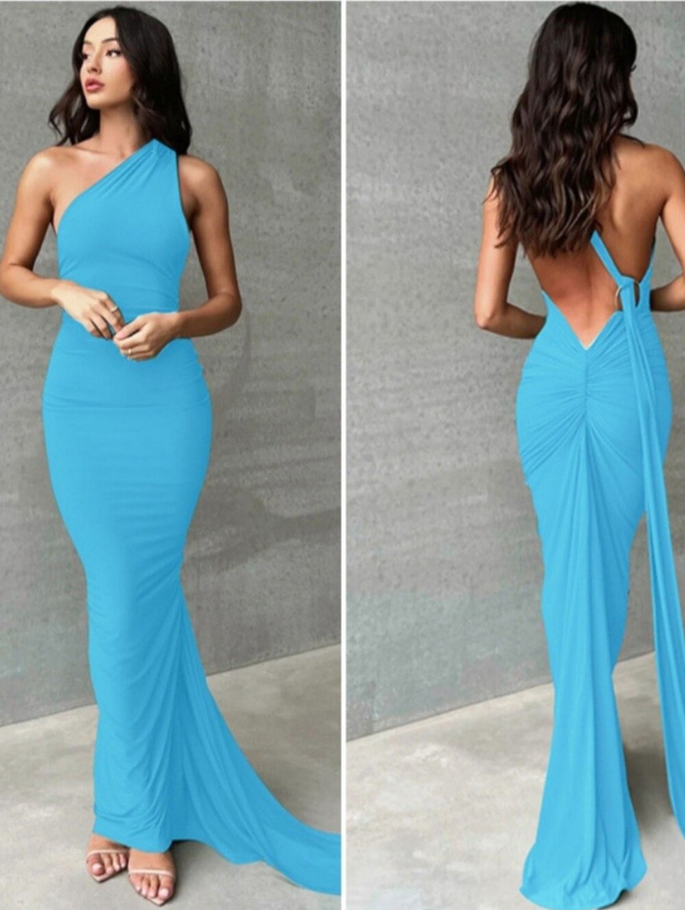 Yazinie NWT Blue One Shoulder Maxi Dress Open Back Ruched Bodycon HOCO